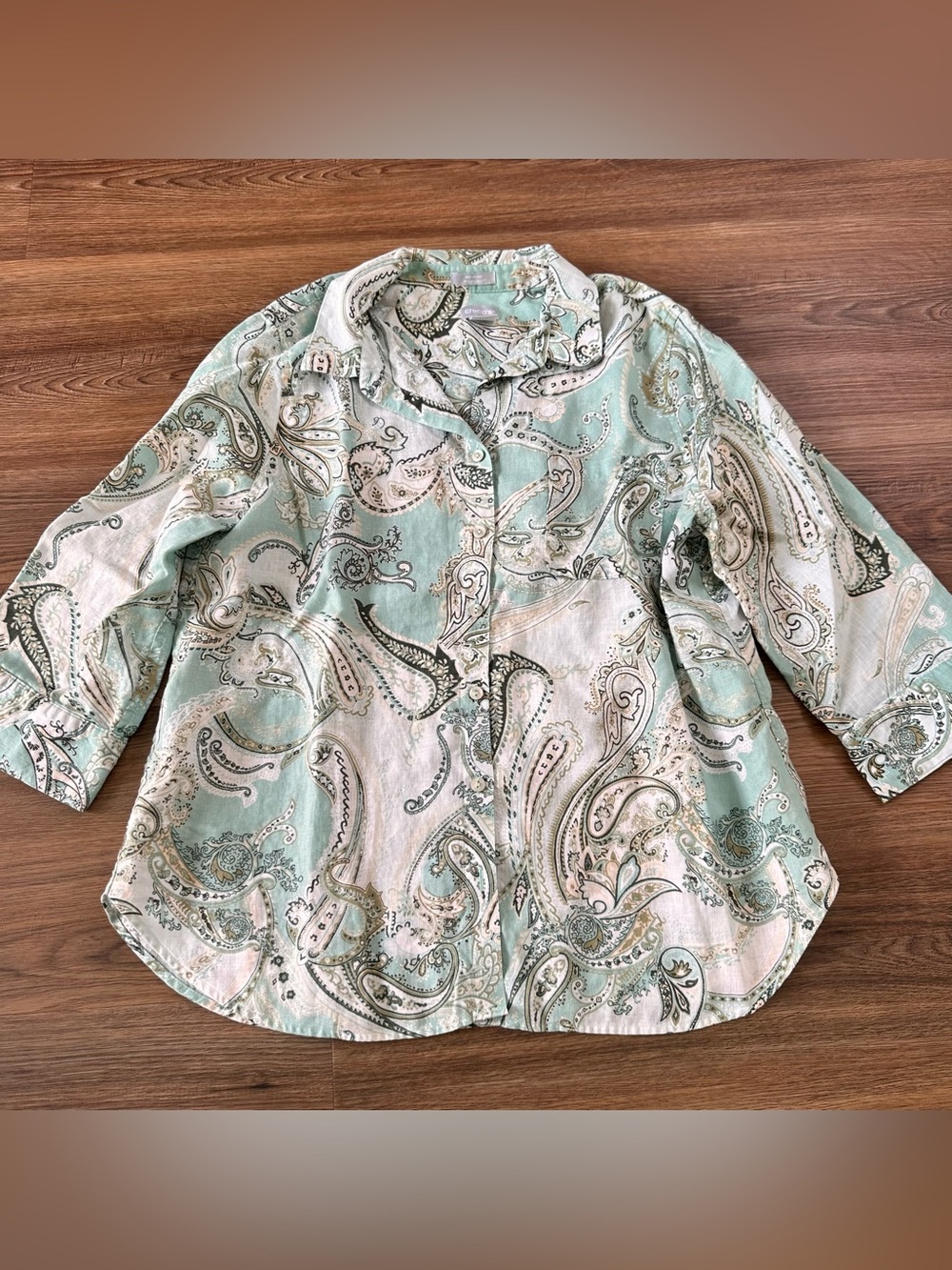 CHICO'S Green Paisley No Iron FreshChic Linen Button Shirt Size 2 12/14 Coastal